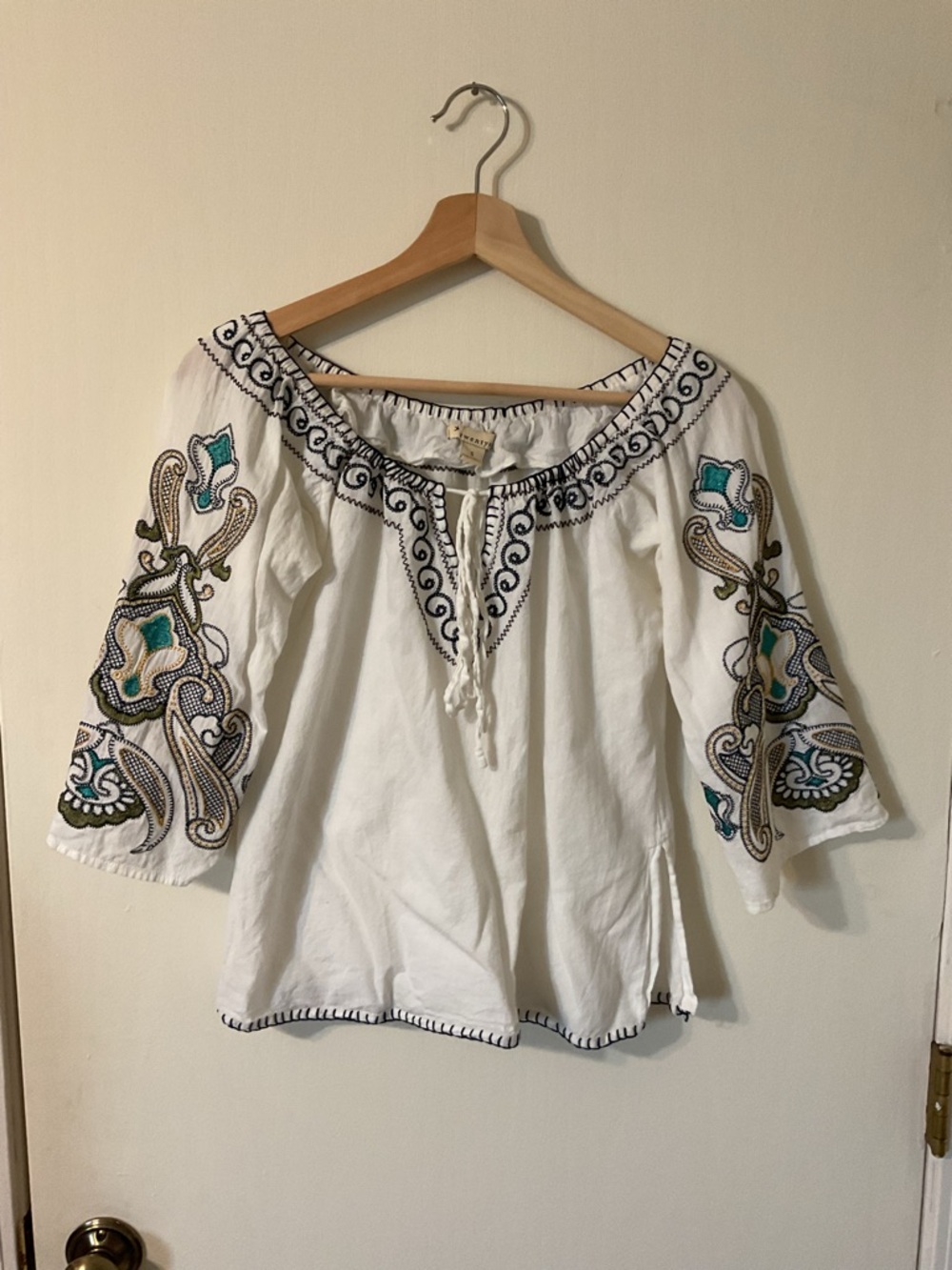 Boho Cottagecore Festive 100% Cotton Embroidered Peasant Gypsie Top Size Small S
